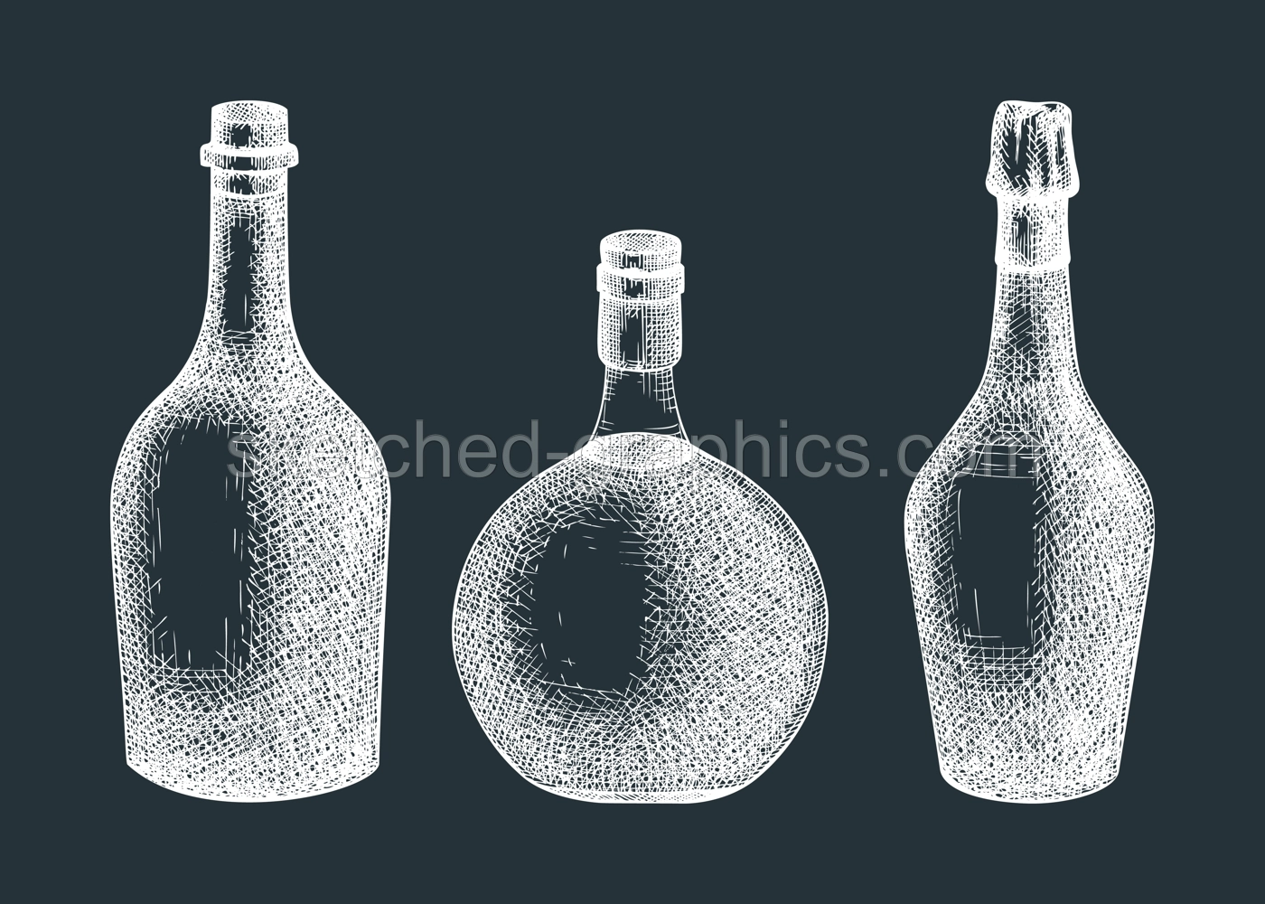 Hand-sketched  glass bottles illustration set. Vector sketch of alcoholic drink in a glassware. Alcohol beverage bottle hand-drawing on chalkboard Illustration